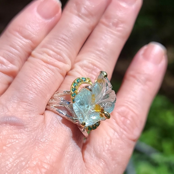 Aquamarine leaf carved gemstone & Topaz Sterling ring sz7.5 - Picture 4 of 10